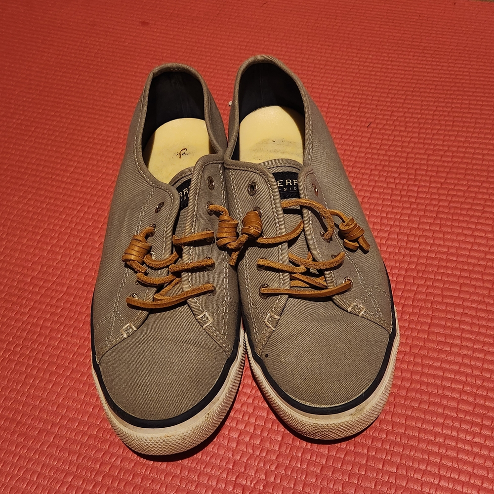 Sperry Gray Canvas Loafers with Brown Laces